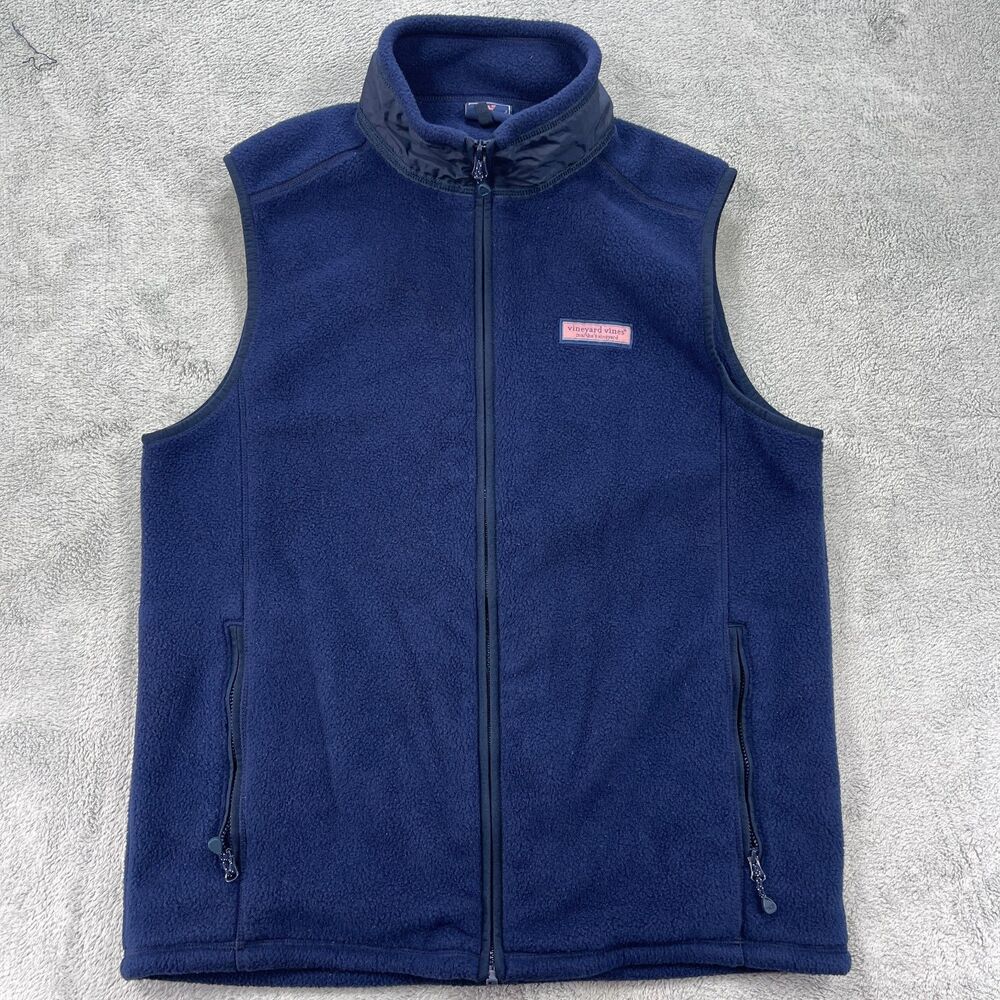 Vineyard Vines Fleece Vest Jacket Mens Medium Navy Blue Logo Mock Neck Full Zip